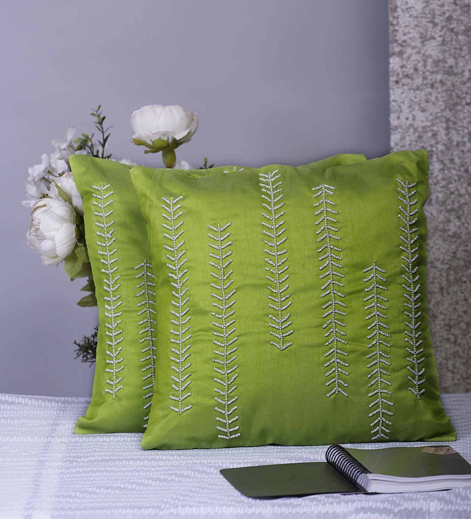 Green Embroidered ( Set of 2 ) Cushion covers 16x16 Inch Alina decor