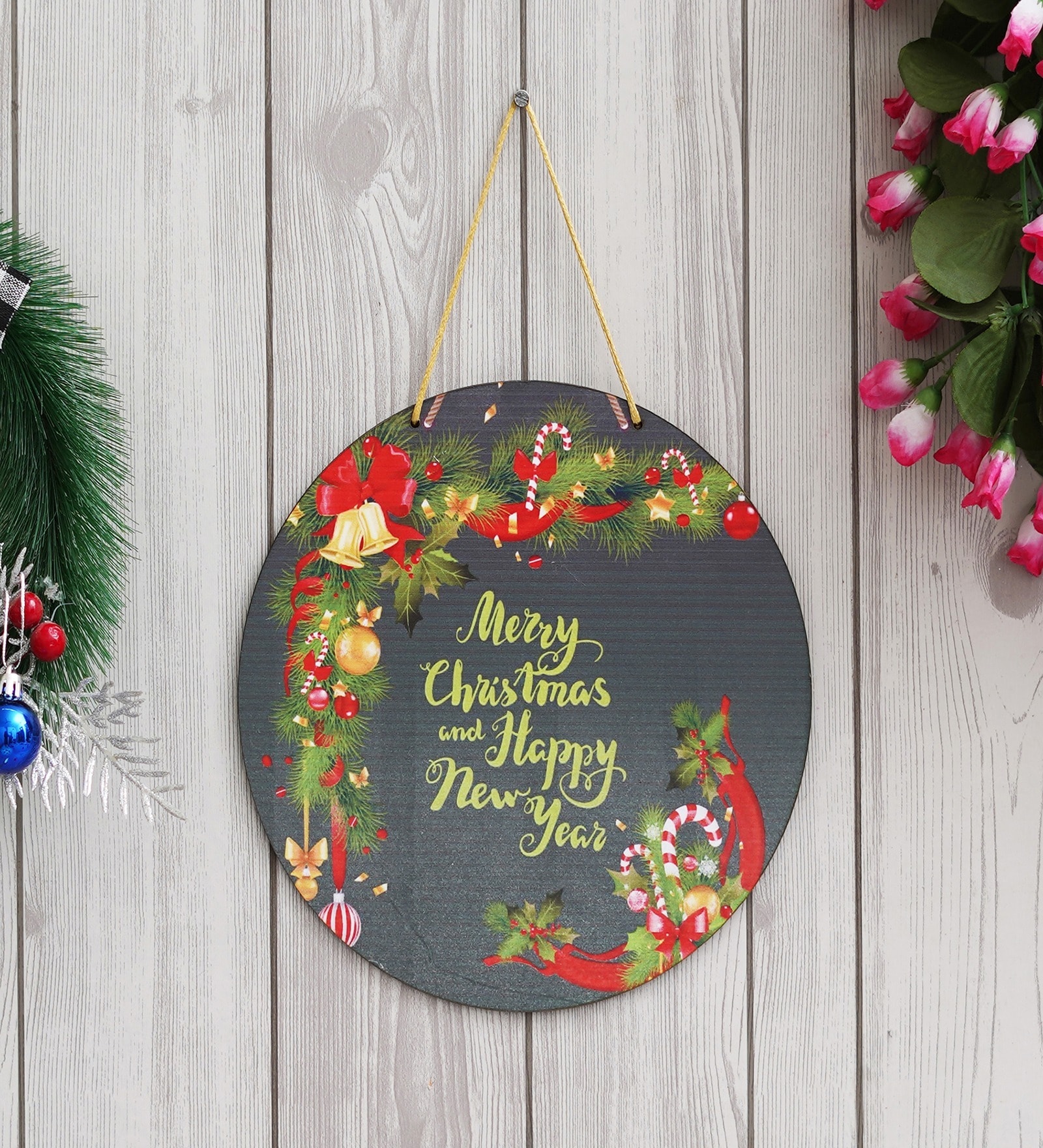 Green Engineered Wood Merry Christmas & Happy New Year Wall Hanging