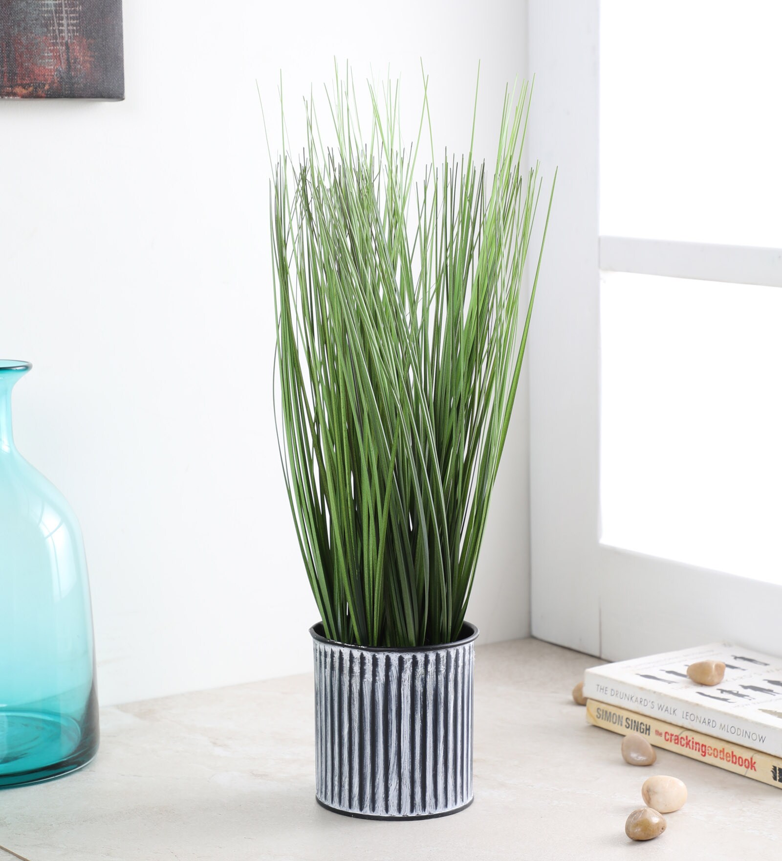 Green Fabric Artificial Onion Grass Plant with Pot