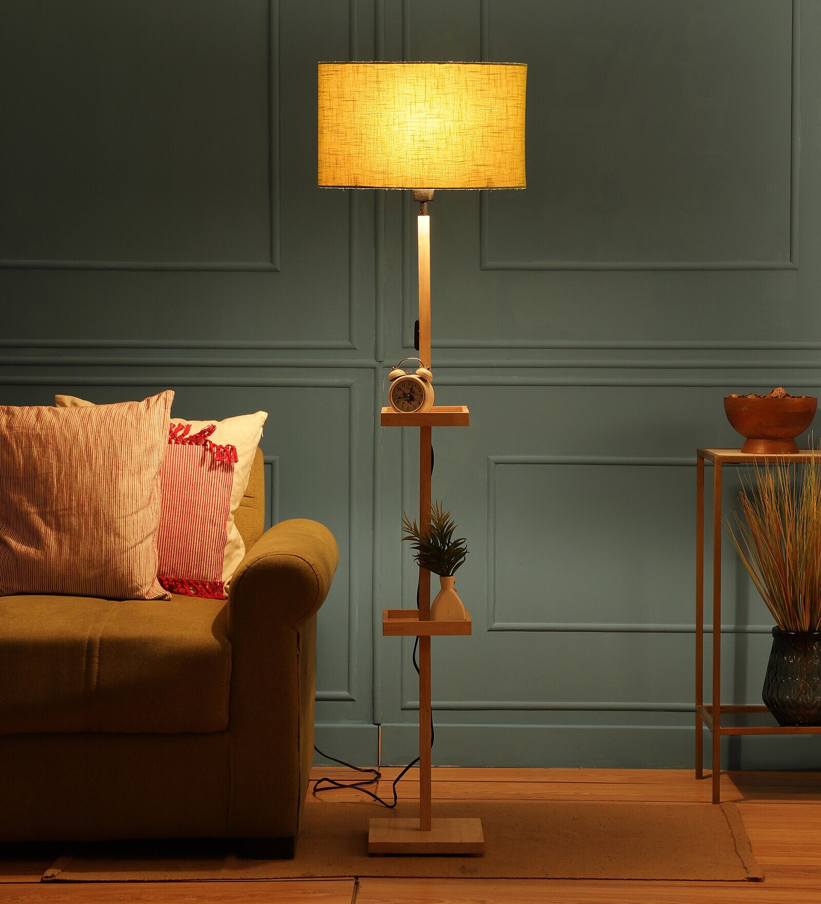 Kepler Green Fabric Shade Shelf Floor Lamp With Wood Base