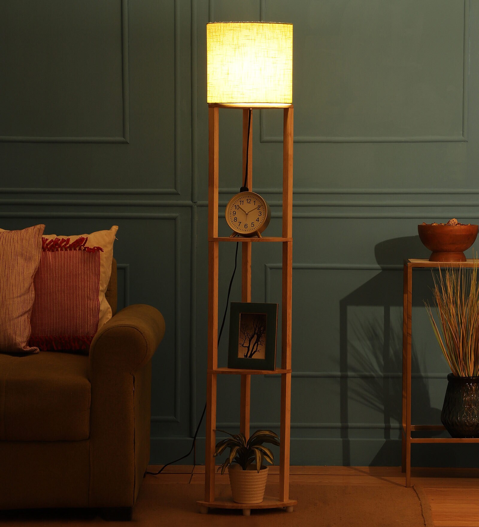 Castle Green Fabric Shade Shelf Floor Lamp With Wood Base