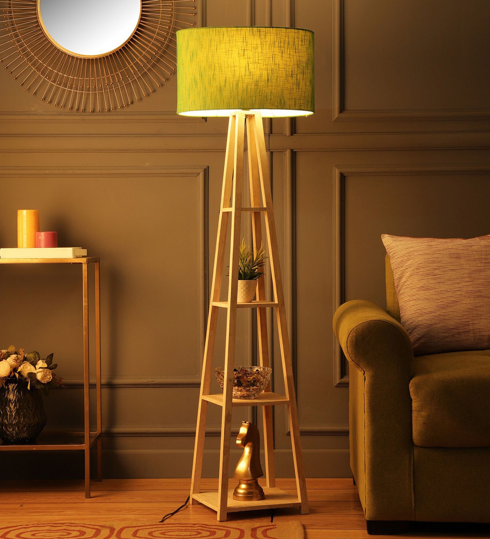 Amalia Green Fabric Shade Shelf Floor Lamp With Wood Base