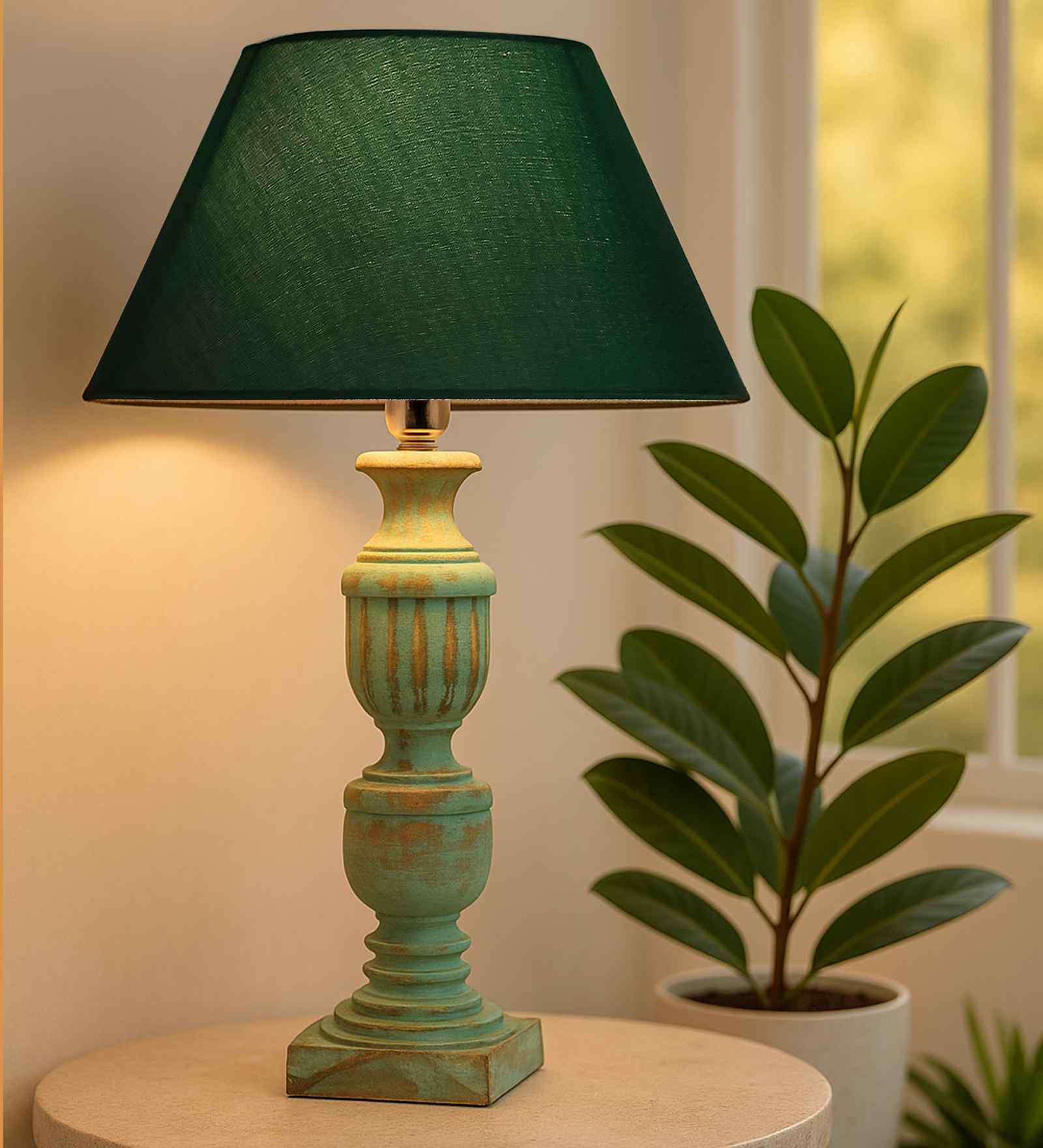 Green Fabric Shade Table Lamp with Blue Base