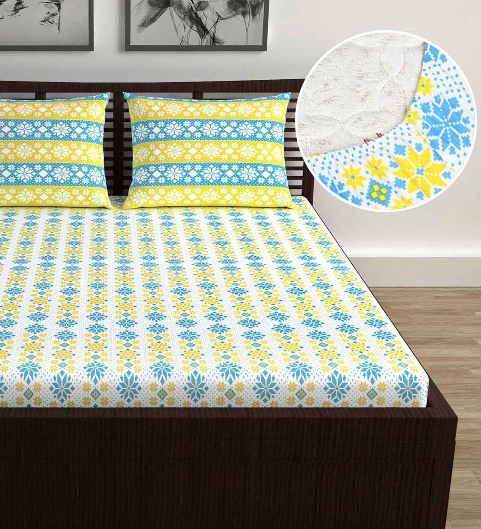 Green Floral 120 TC Cotton Double Fitted Bedsheet with 2 Pillow Covers