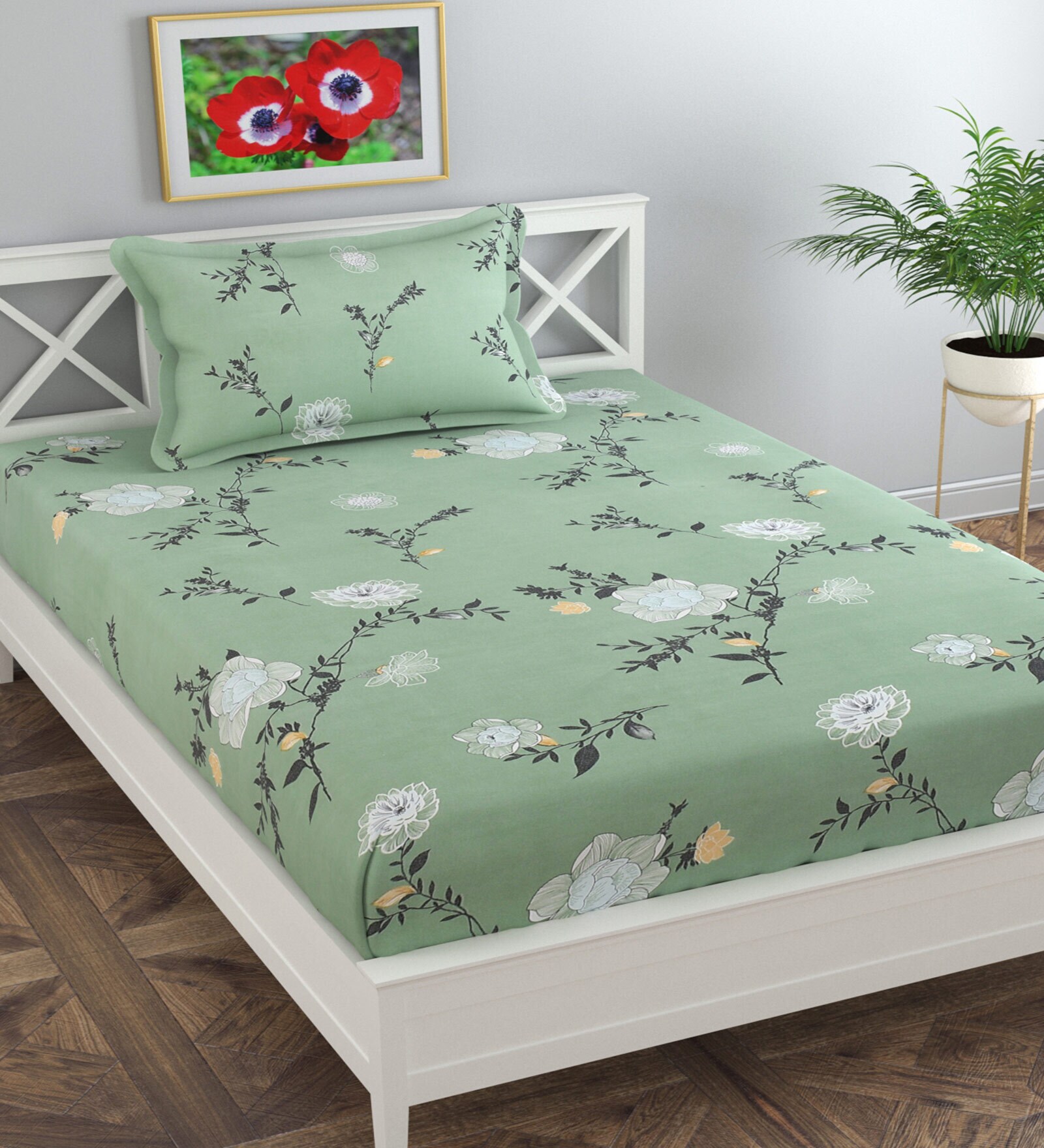 Green Floral 120 TC Poly Cotton Single Besheet With 1 Pillow Cover