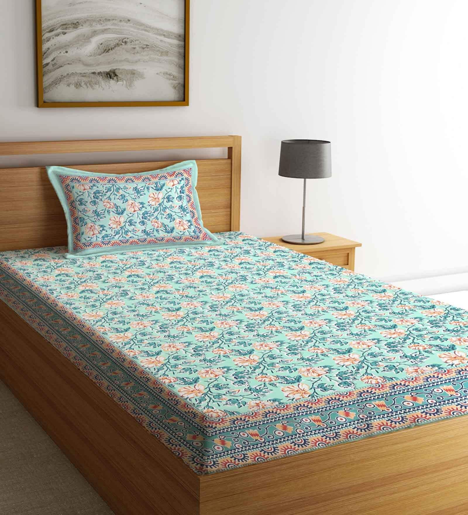 Green Floral 144 TC 100% Cotton Single Bed Sheet with Pillow Cover