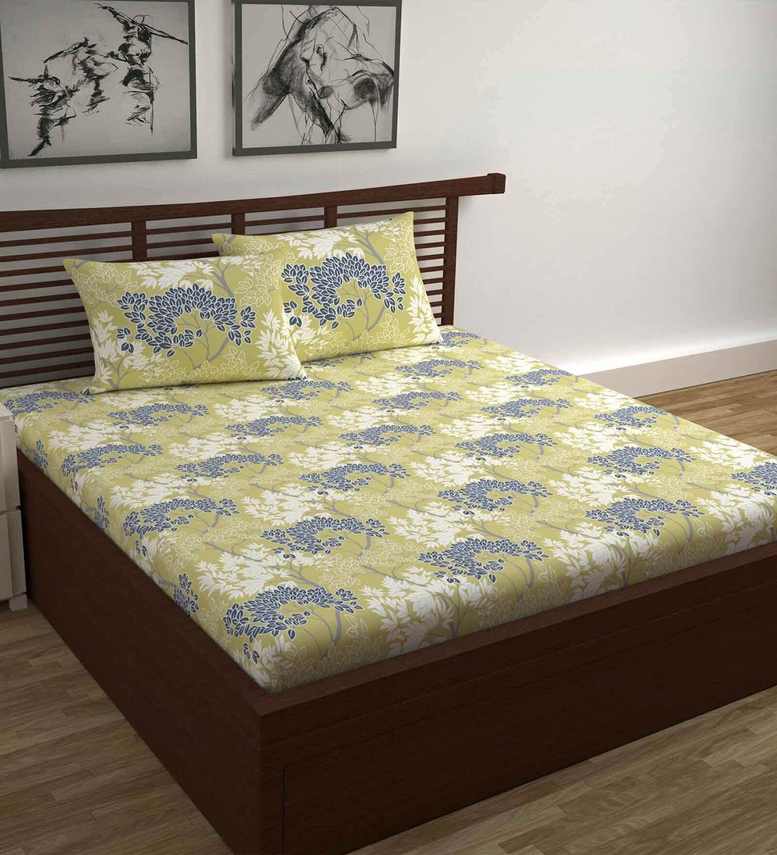 Green Floral 144 TC Cotton Double Bedsheet with 2 Pillow Covers