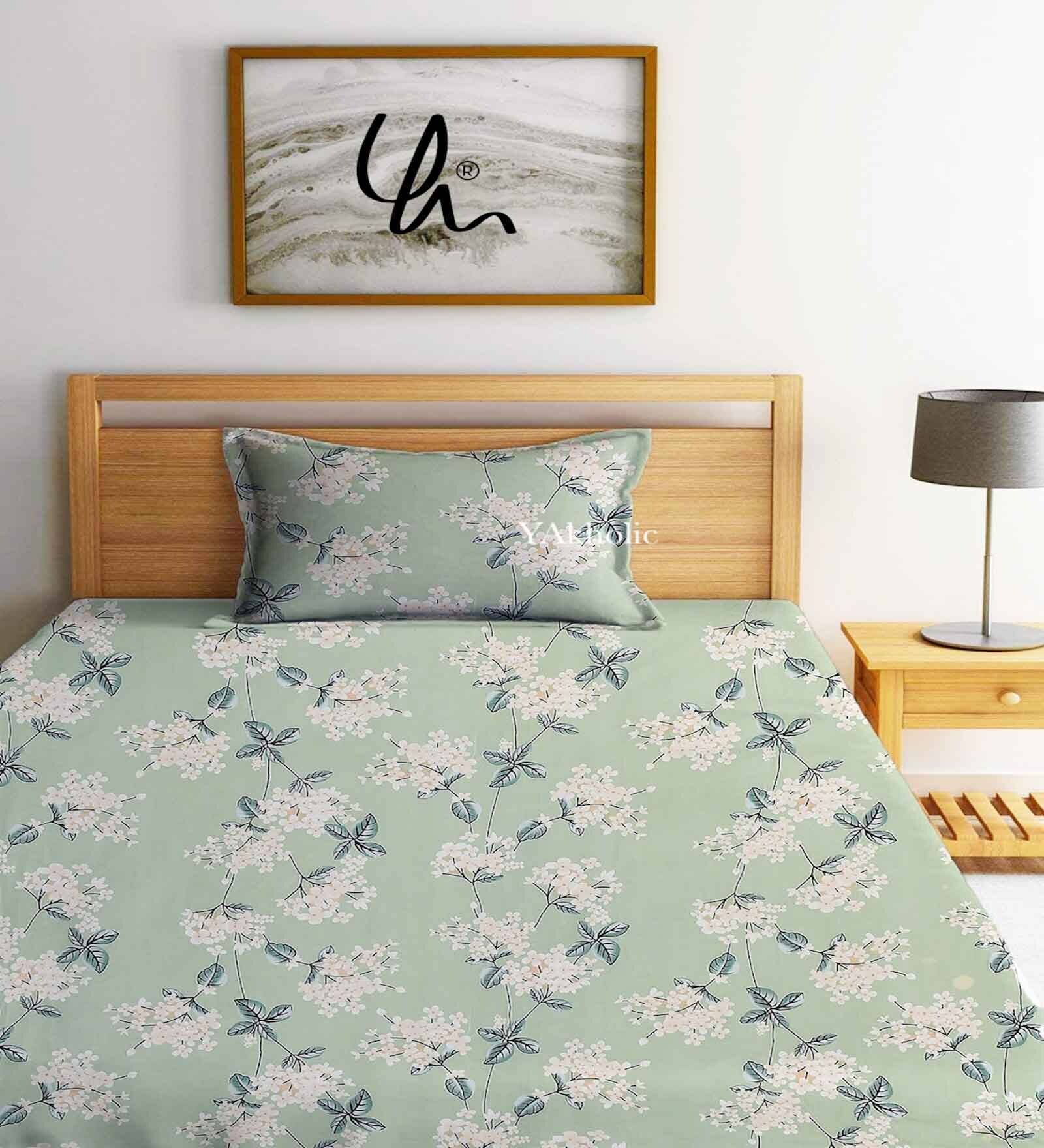 Green Floral 144 TC Cotton Blend Single Bedsheet With 1 Pillow Cover