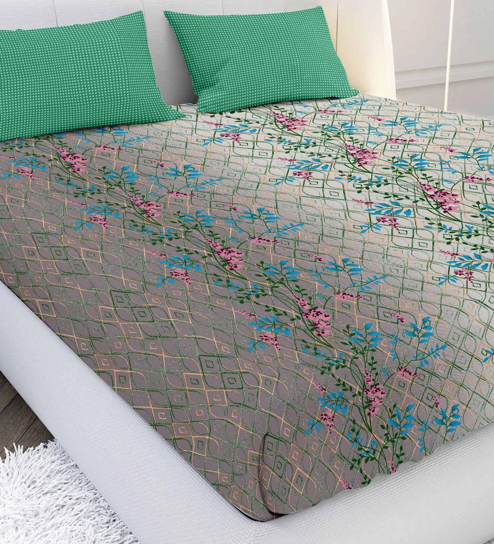 Cotton Double Bedsheet with Pillow Covers – Beige Leaf & Floral Printed Design main image 1