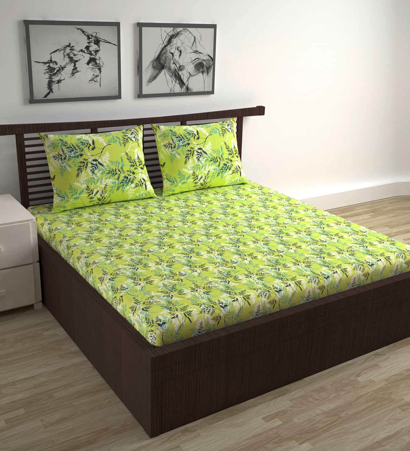 Green Floral 144 TC Cotton Double Bedsheet with 2 Pillow Covers