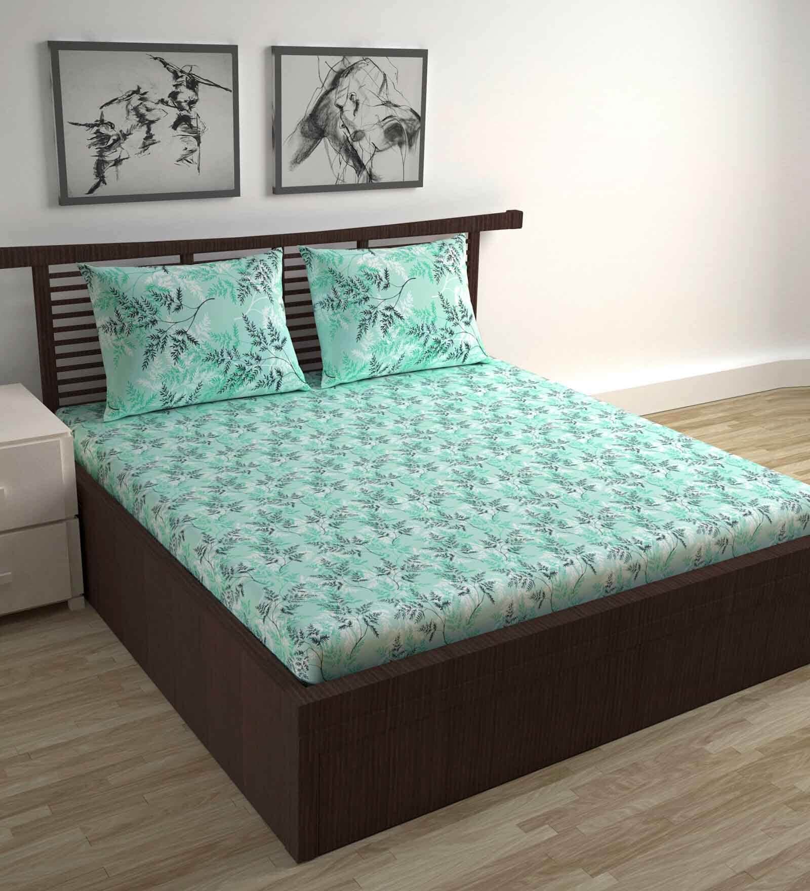 Green Floral 144 TC Cotton Double Bedsheet with 2 Pillow Covers