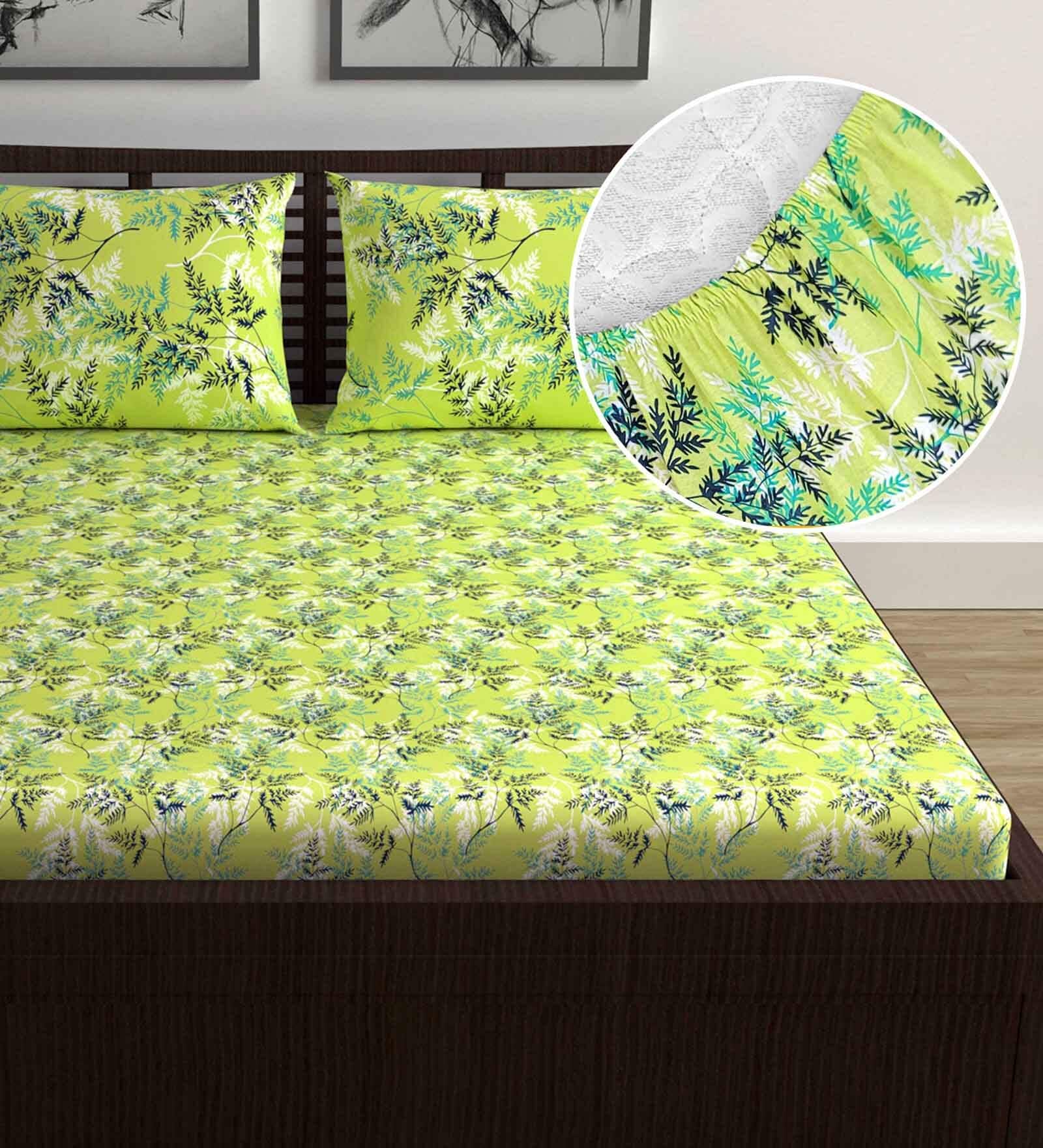 Green Floral 144 TC Cotton Double Fitted Bedsheet with 2 Pillow Covers