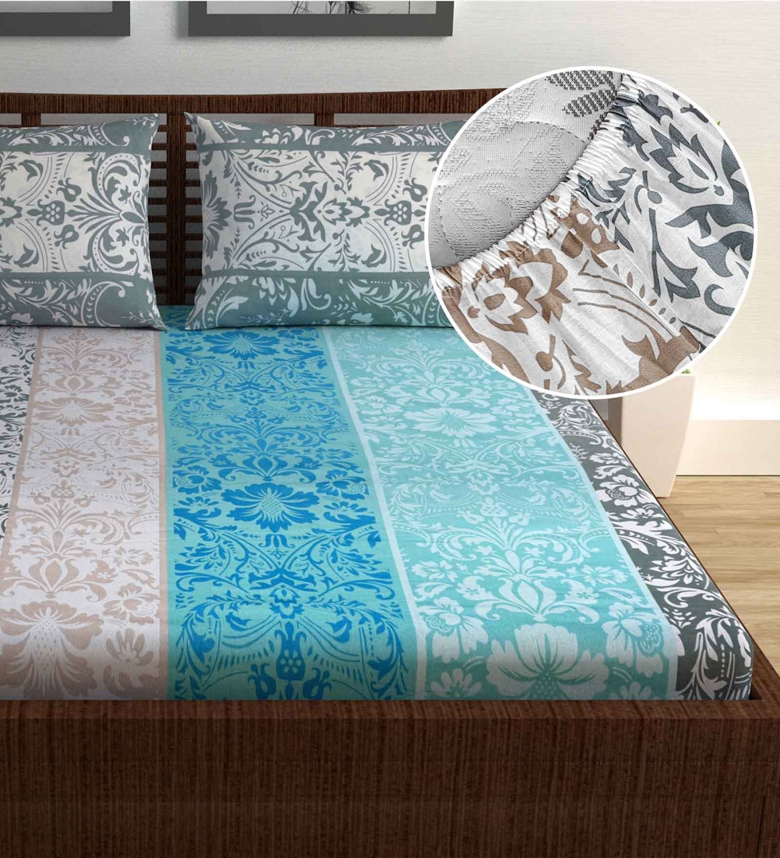 Multicolour Floral 144 TC Cotton Double Fitted Bedsheet with 2 Pillow Covers