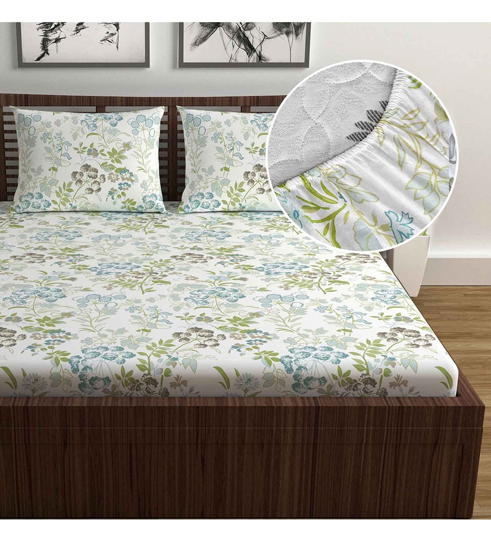 White Floral 144 TC Cotton Double Fitted Bedsheet with 2 Pillow Covers