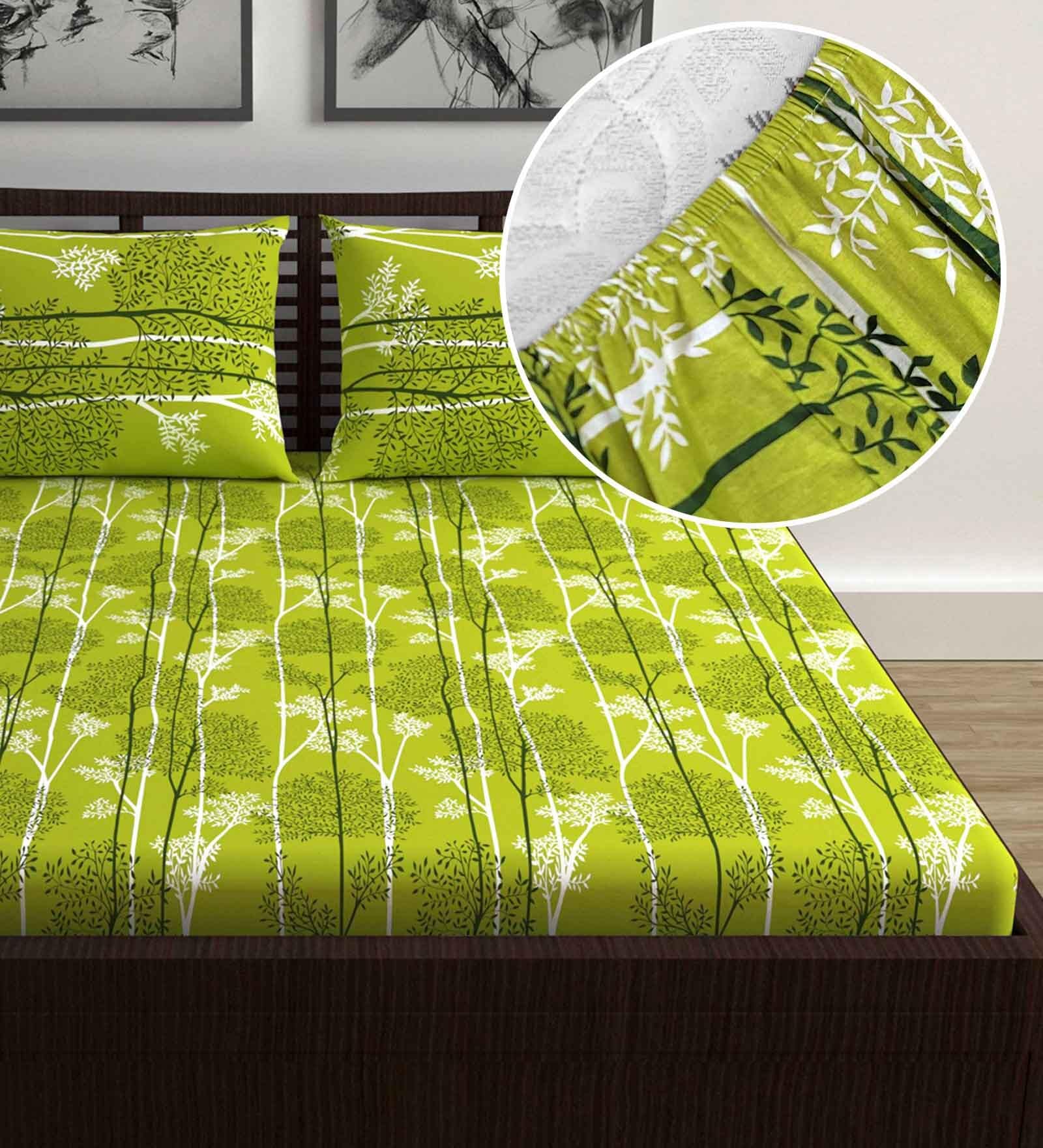 Green Floral 144 TC Cotton Double Fitted Bedsheet with 2 Pillow Covers