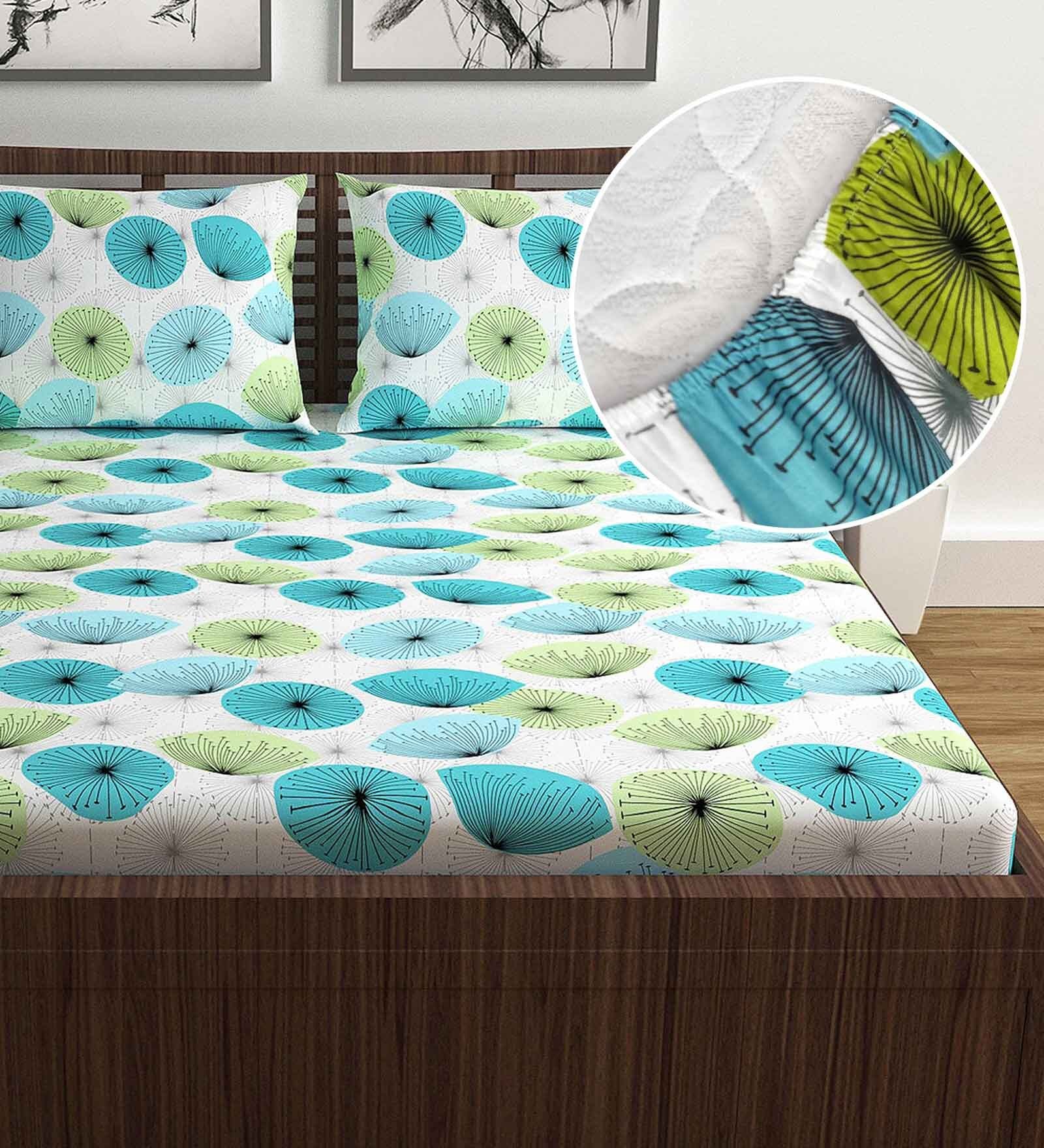 White Floral 144 TC Cotton Double Fitted Bedsheet with 2 Pillow Covers