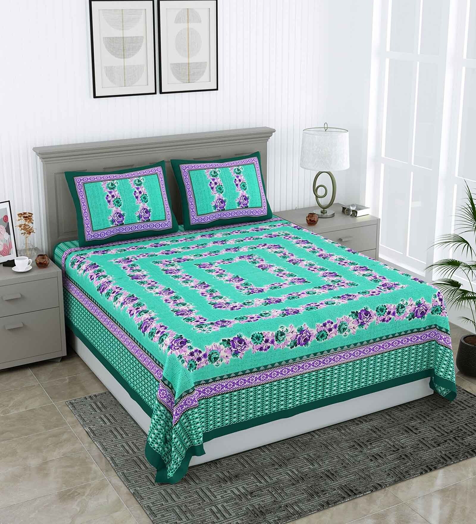 Buy Green Floral 144 TC Cotton Double Queen Bedsheet With 2 Pillow