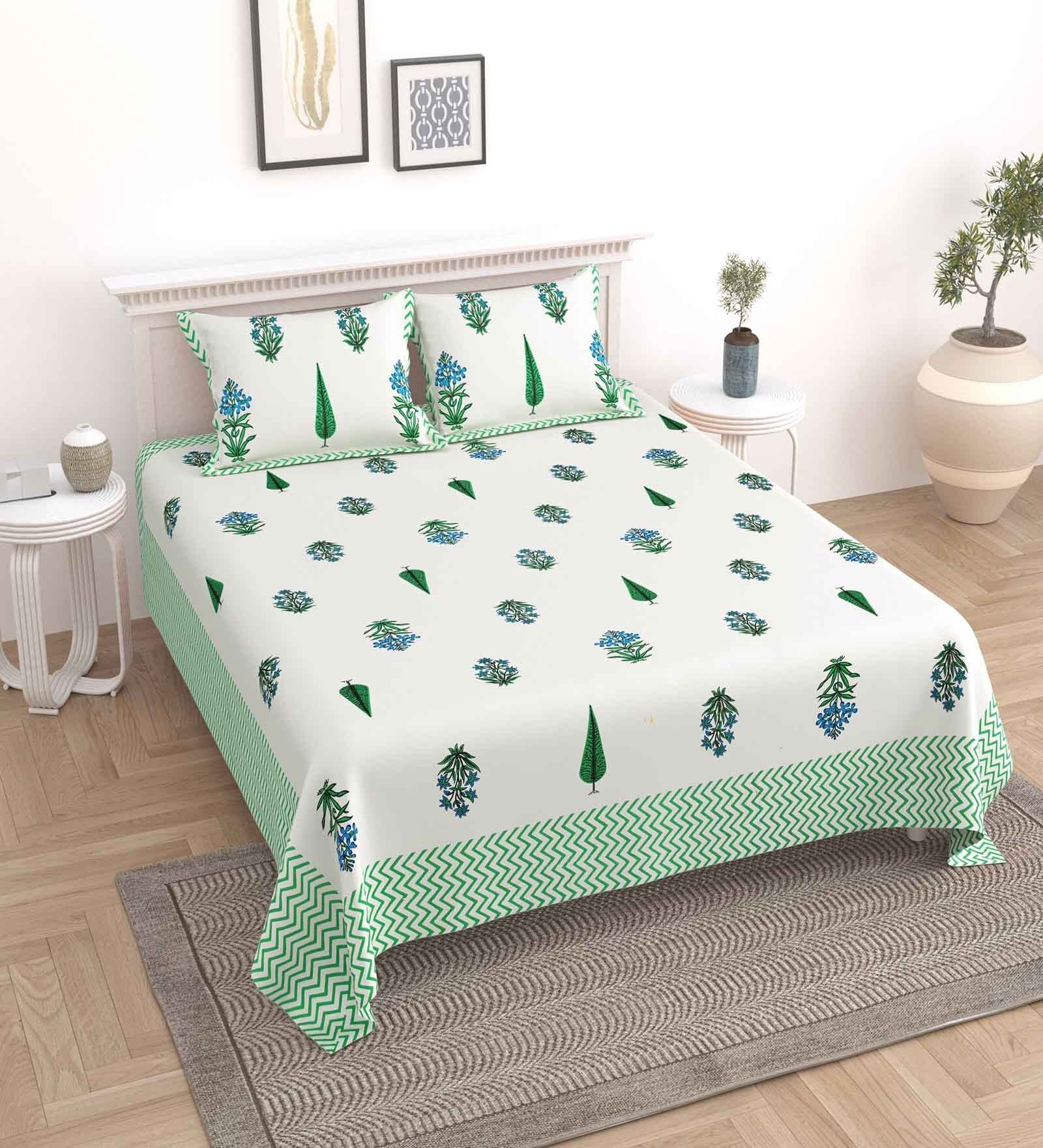 Green Floral 144 TC Cotton King Bedsheet and 2 Pillow Cover