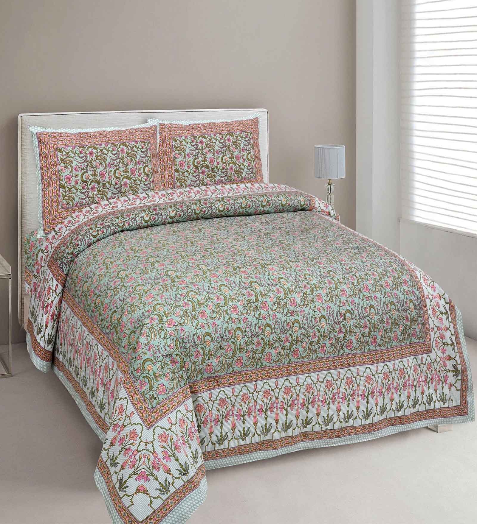 Green Floral 144 TC Cotton King Bedsheet and 2 Pillow Cover