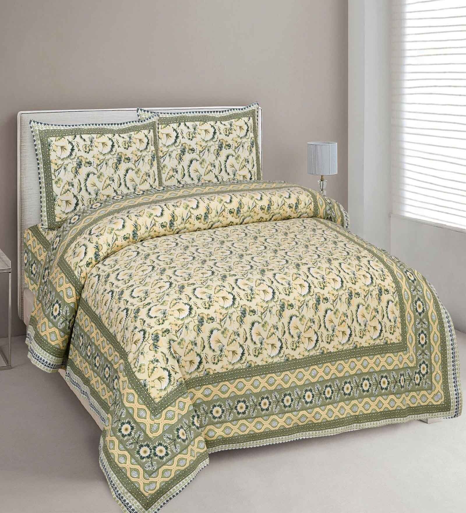 Green Floral 144 TC Cotton King Bedsheet and 2 Pillow Cover