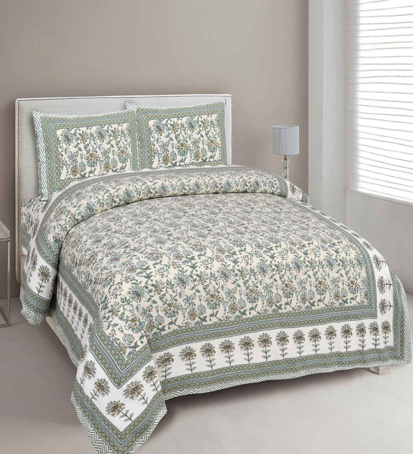Green Floral 144 TC Cotton King Bedsheet and 2 Pillow Cover