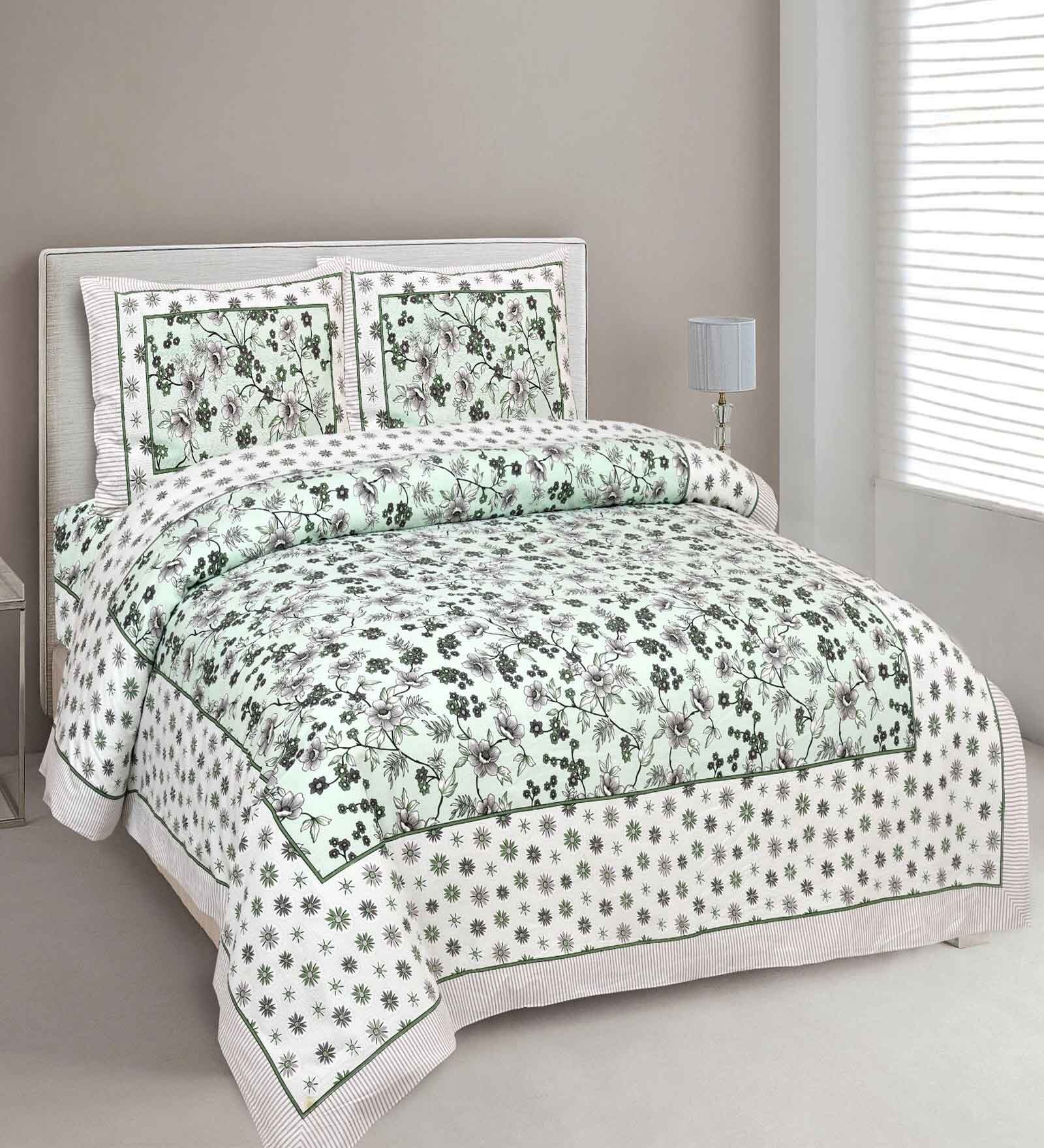 Green Cotton Floral 144 TC  King Bedsheet with 2 Pillow Covers