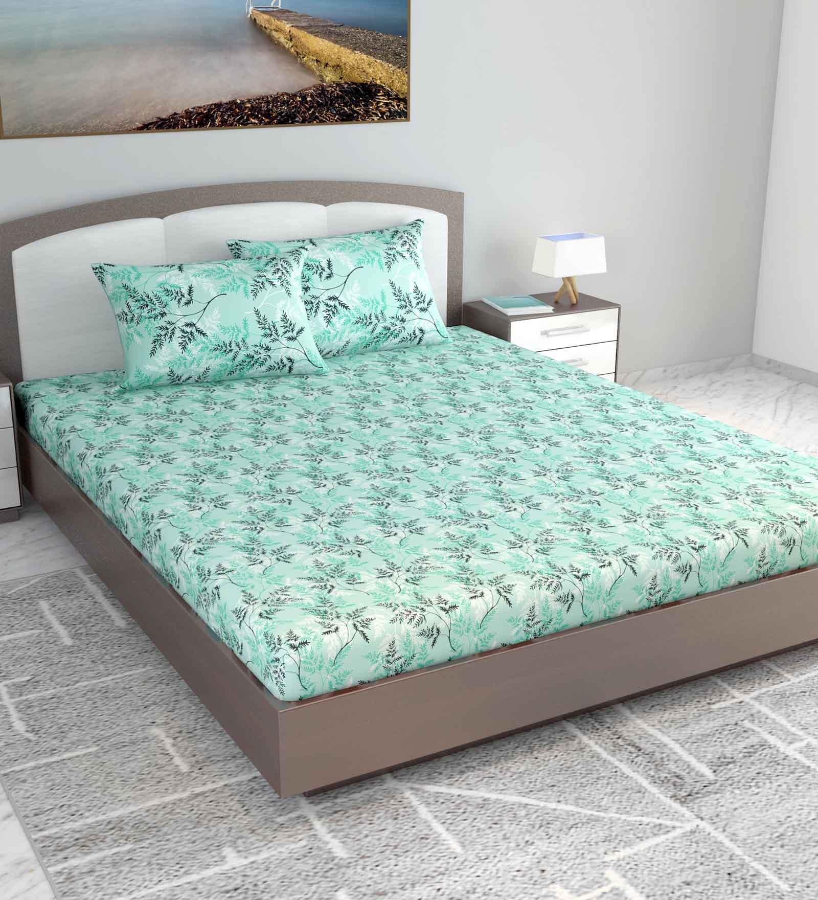 Green Floral 144 TC Cotton King Bedsheet with 2 Pillow Covers