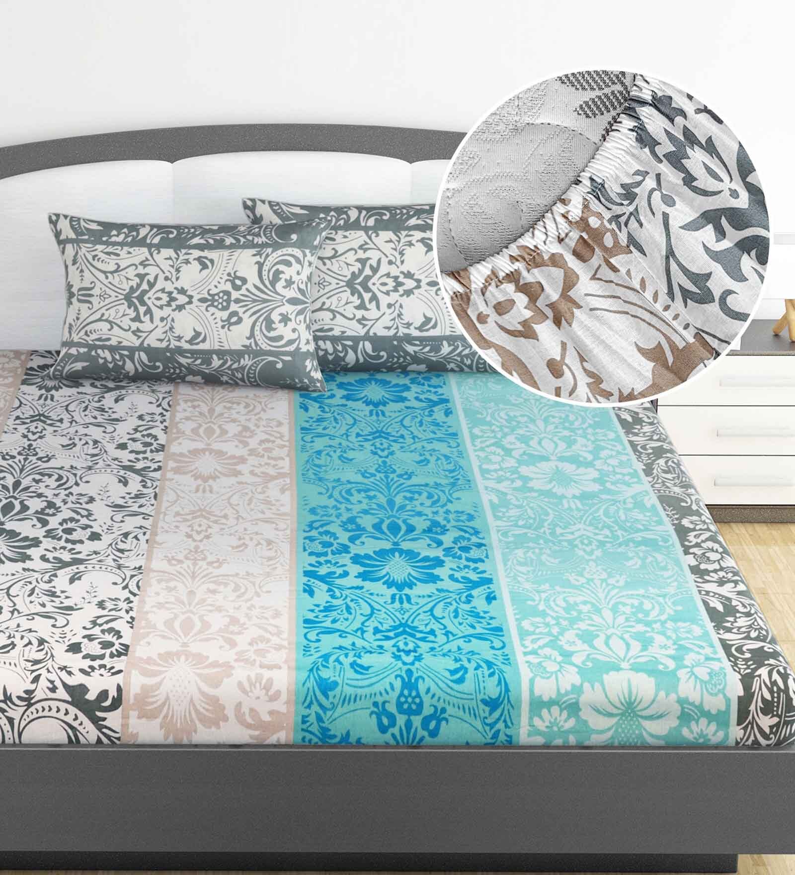 Multicolour Floral 144 TC Cotton King Fitted Bedsheet with 2 Pillow Covers