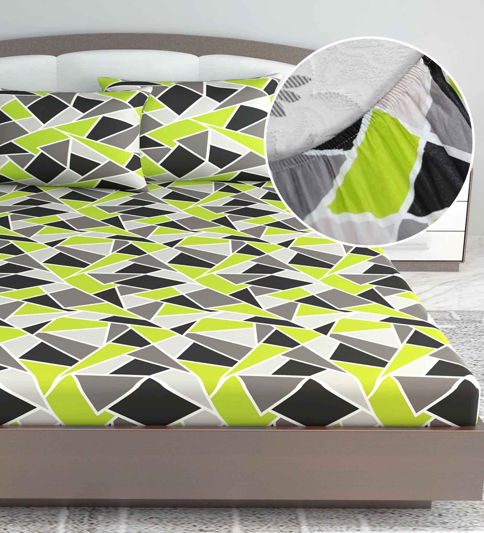 Green Floral 144 TC Cotton King Fitted Bedsheet with 2 Pillow Covers