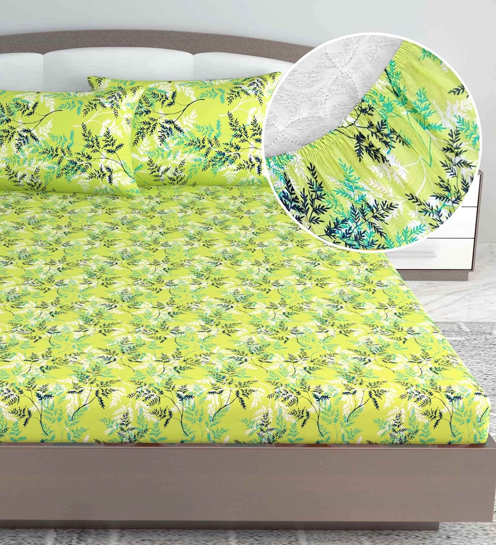 Green Floral 144 TC Cotton King Fitted Bedsheet with 2 Pillow Covers