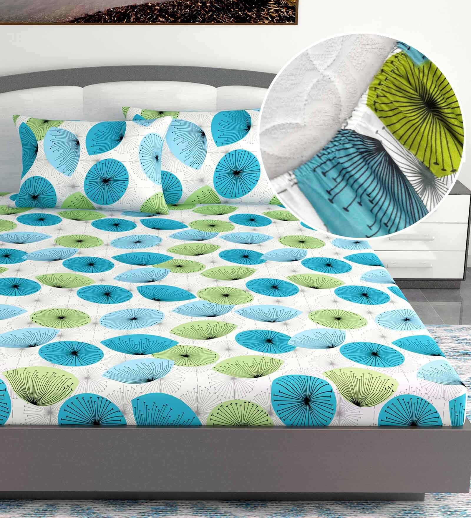 Green Floral 144 TC Cotton King Fitted Bedsheet with 2 Pillow Covers