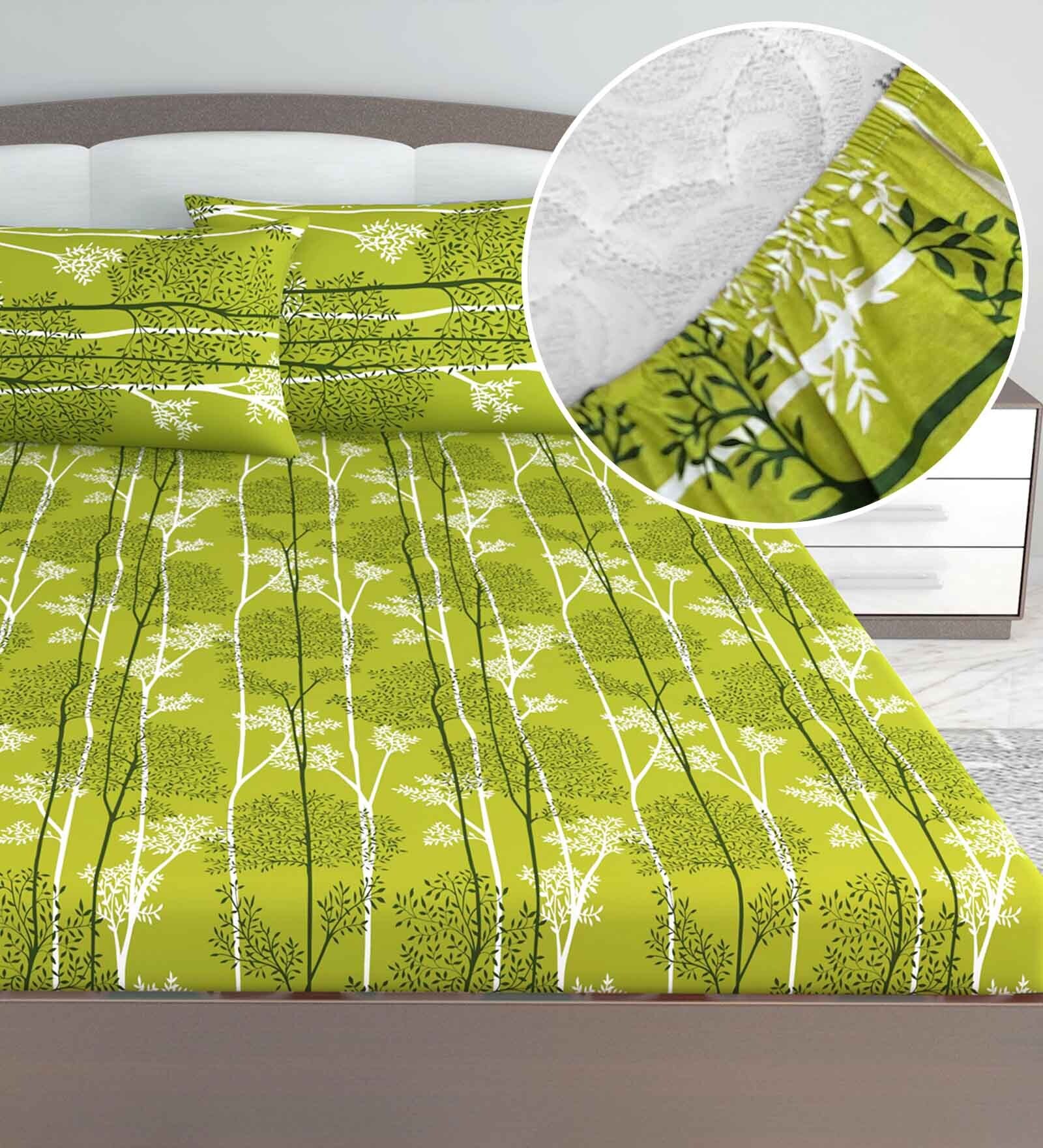 Green Floral 144 TC Cotton King Fitted Bedsheet with 2 Pillow Covers