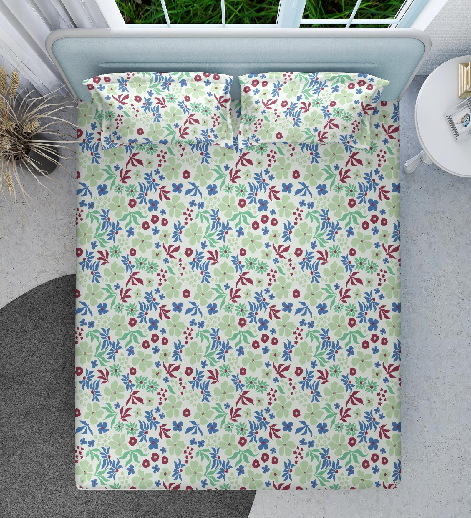 Green Floral 144 TC Cotton Queen Sized Double Bedsheet with 2 Pillow Covers Blossom Breeze Collection