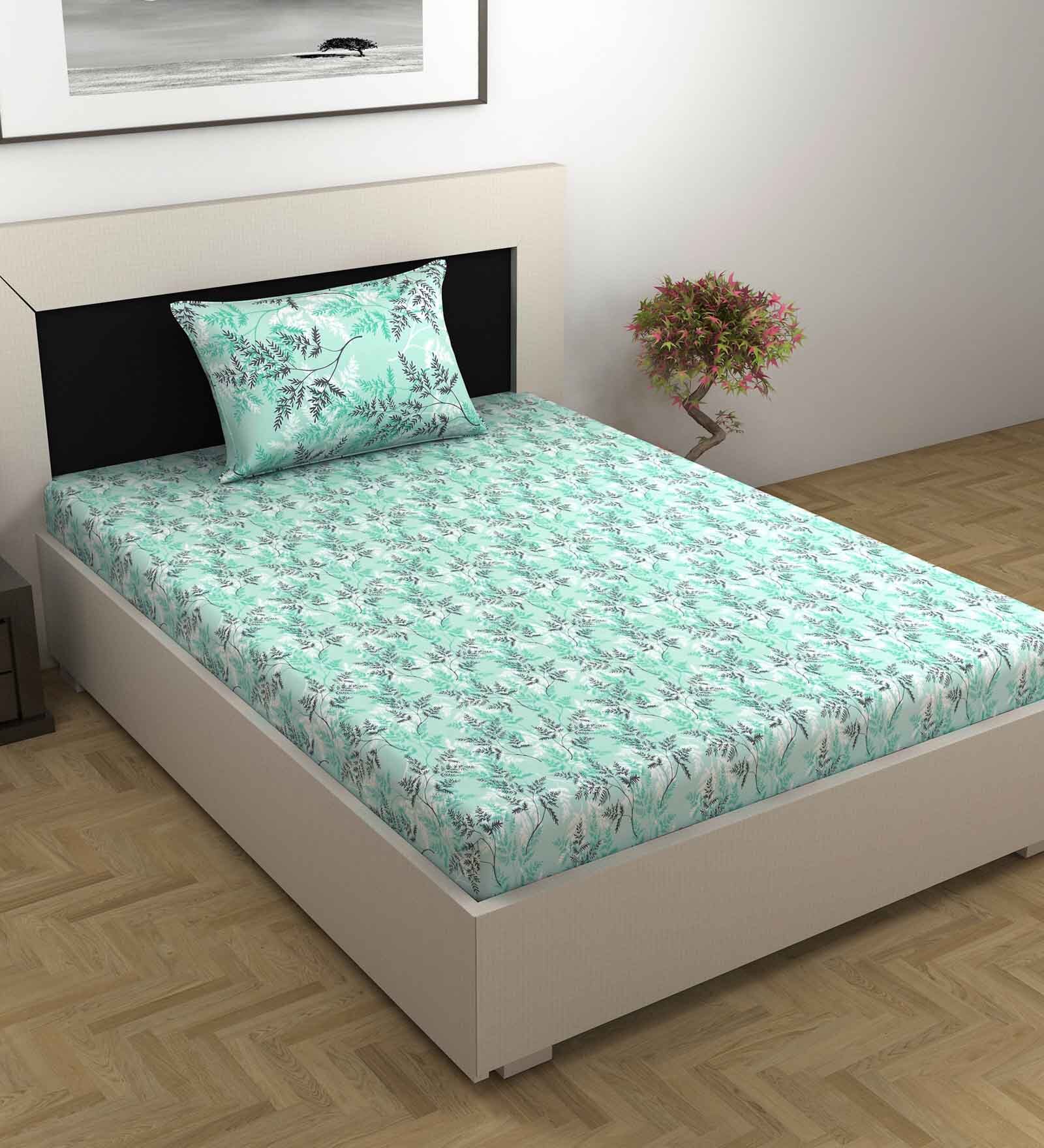 Green Floral 144 TC Cotton Single Bedsheet With 1 Pillow Cover