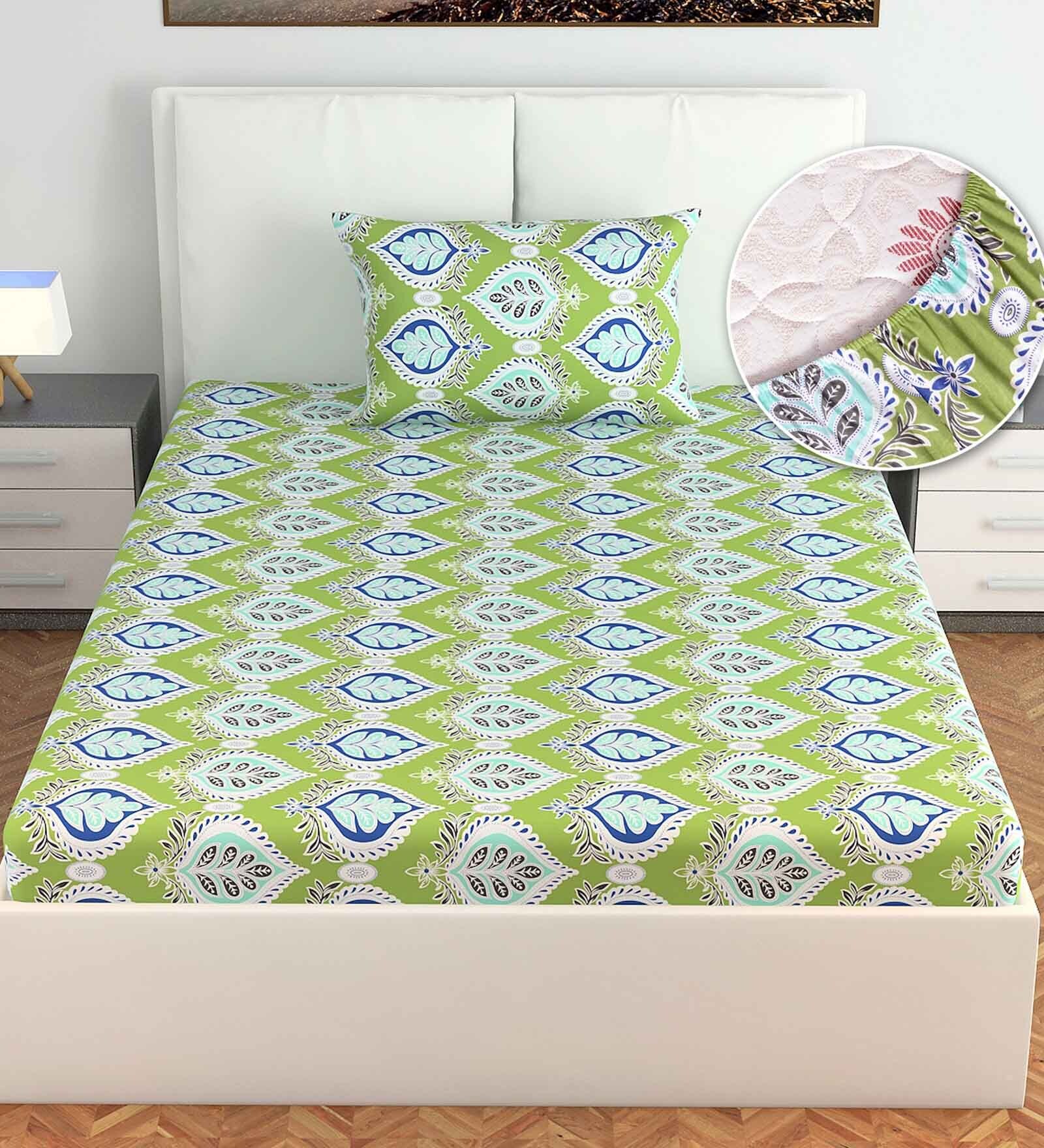Green Floral 144 TC Cotton Single Fitted Bedsheet With 1 Pillow Cover