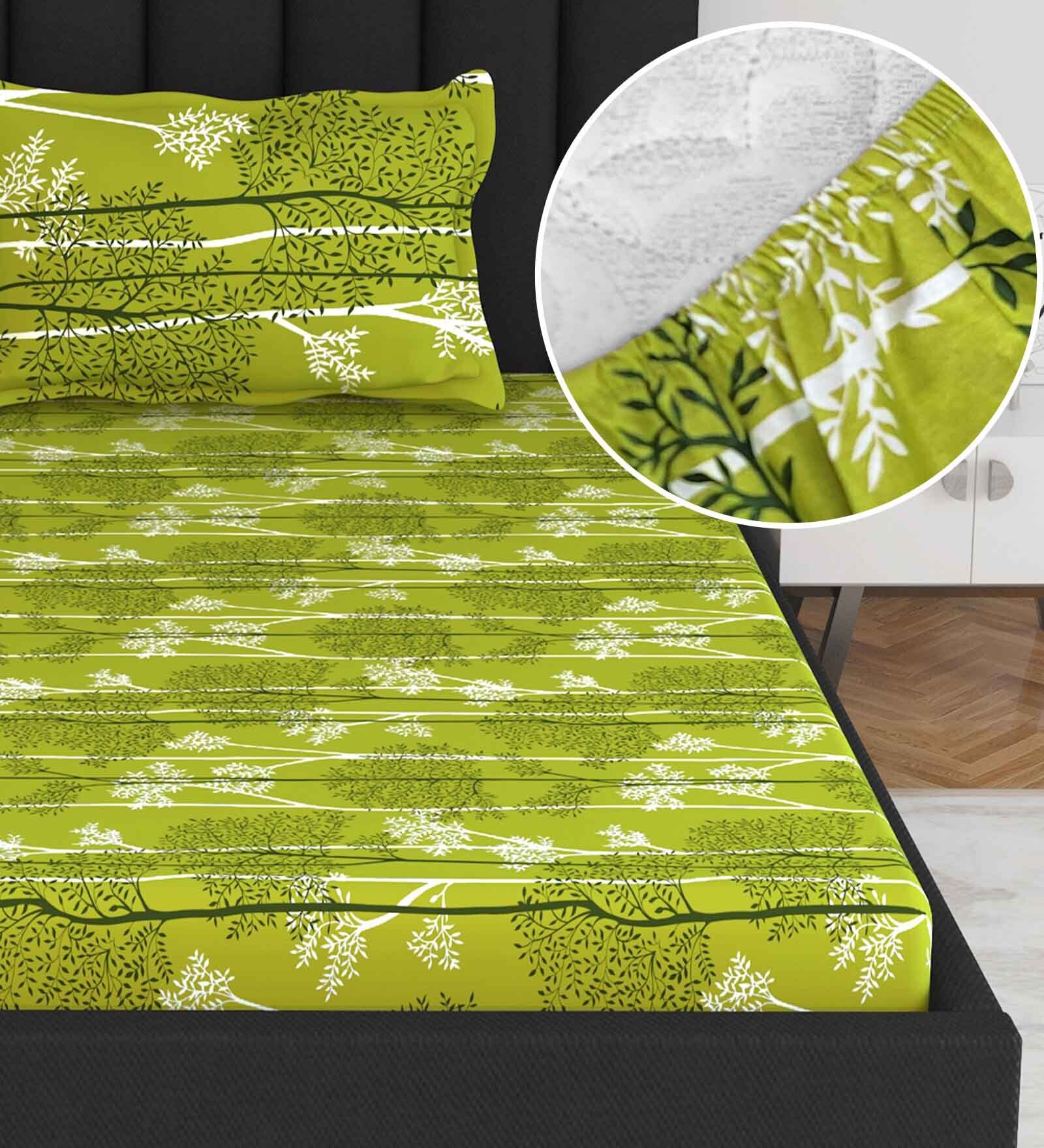 Green Floral 144 TC Cotton Single Fitted Bedsheet With 1 Pillow Cover