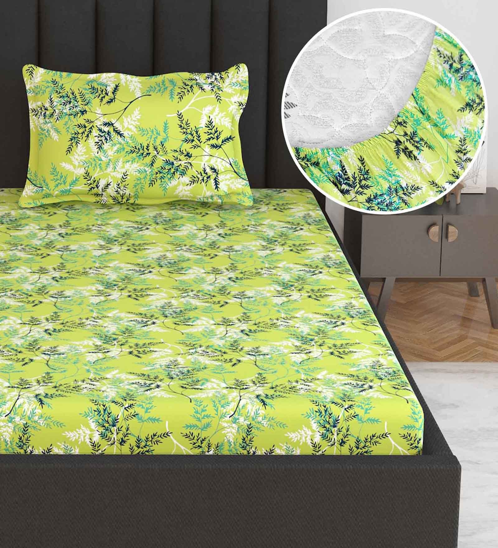 Green Floral 144 TC Cotton Single Fitted Bedsheet With 1 Pillow Cover