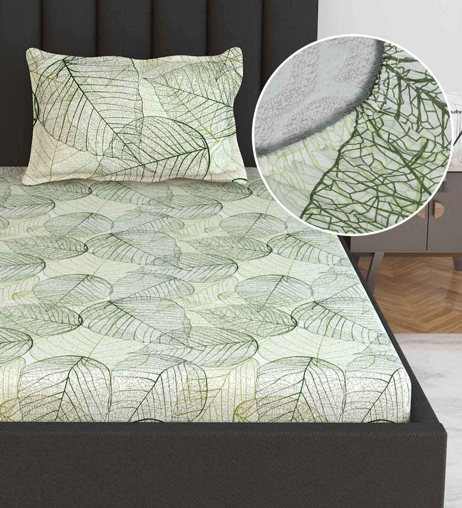 Green Floral 144 TC Cotton Single Fitted Bedsheet With 1 Pillow Cover