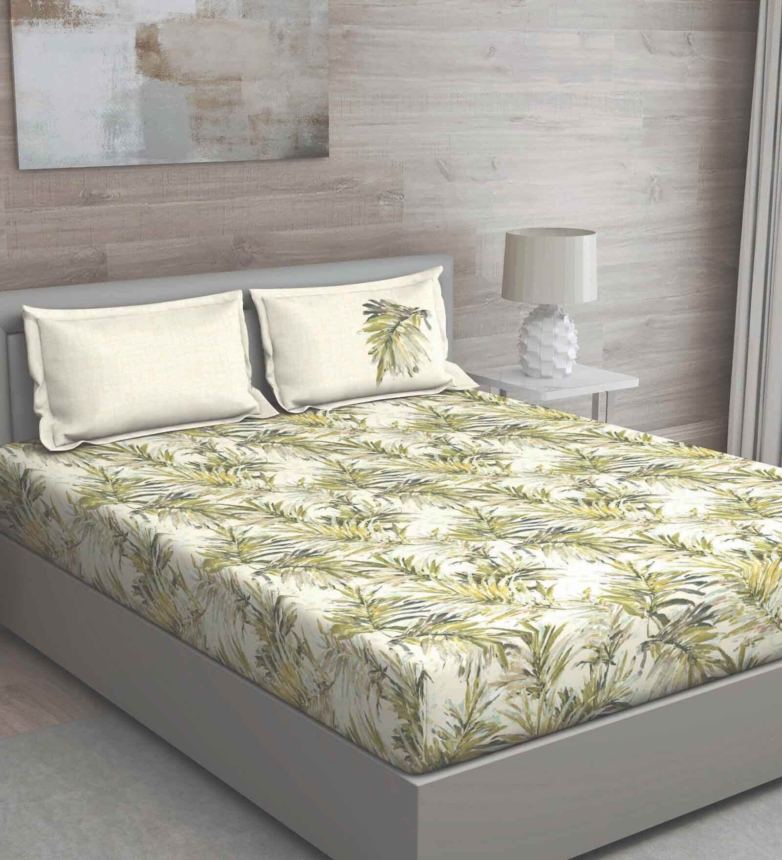 Green Floral 150 TC Cotton Queen Sized Bed Sheets with 2 Pillow Covers