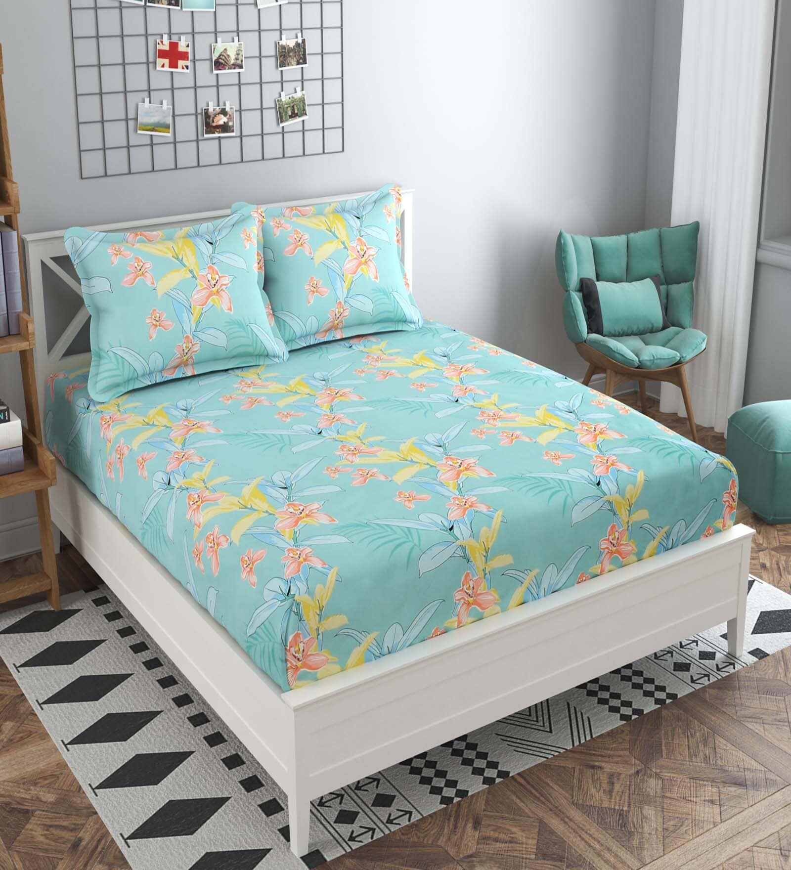 Buy Green Floral 160 TC Cotton Queen Sized Bed Sheets with 2 Pillow