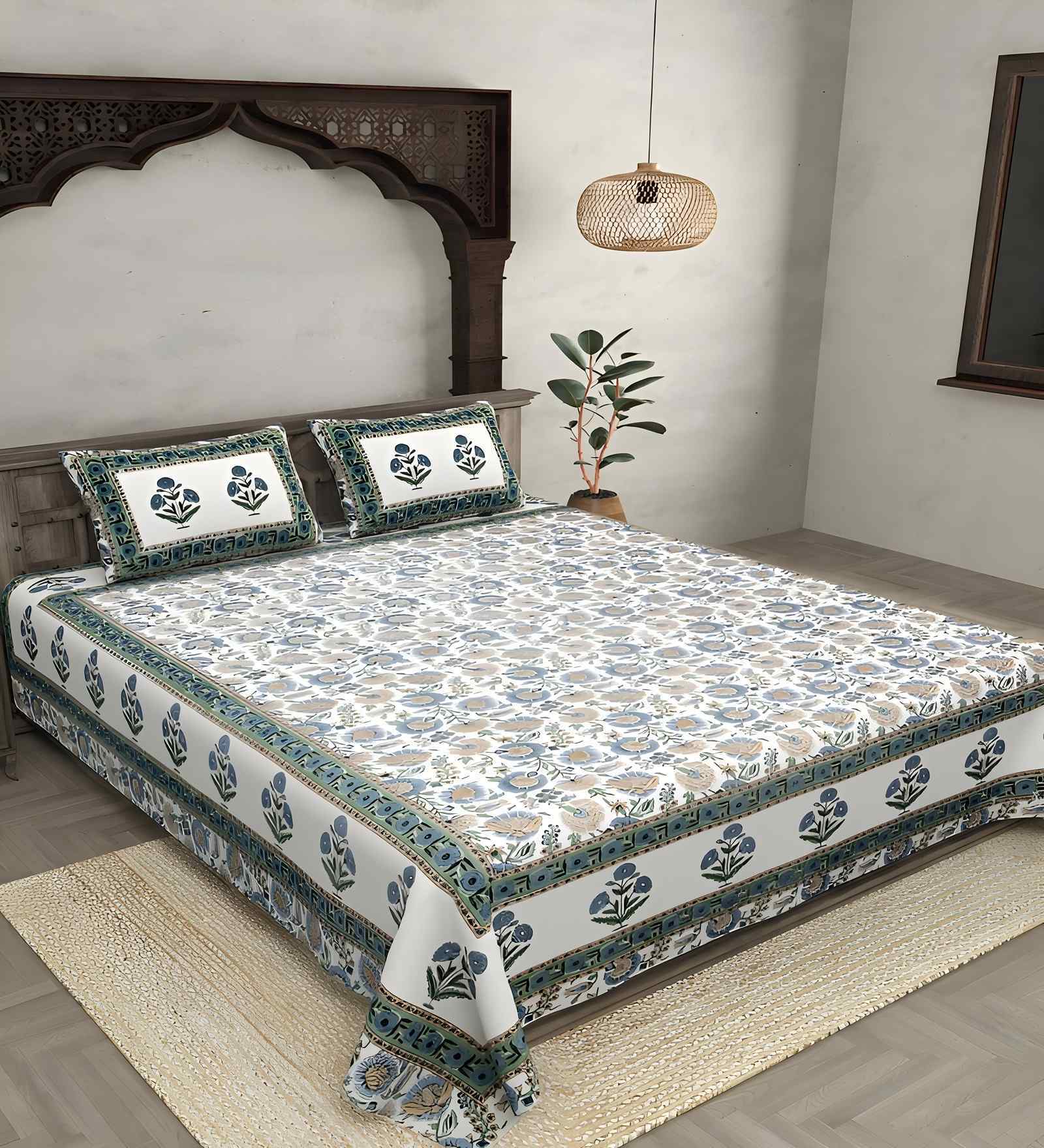 Green Floral 180 TC Cotton  King Sized Bedsheet with 2 Pillow Covers