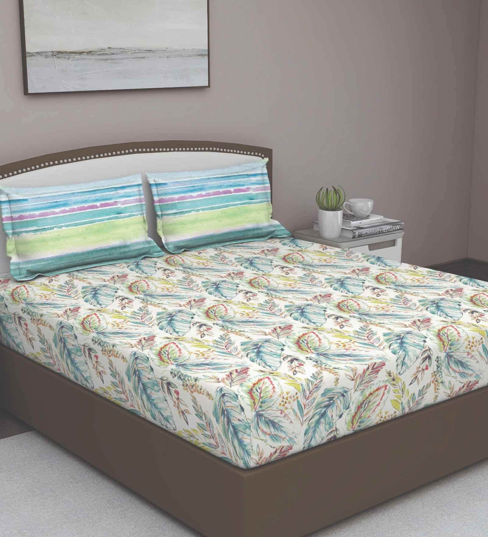 Green Floral 180 TC Cotton Queen Sized Bed Sheets with 2 Pillow Covers