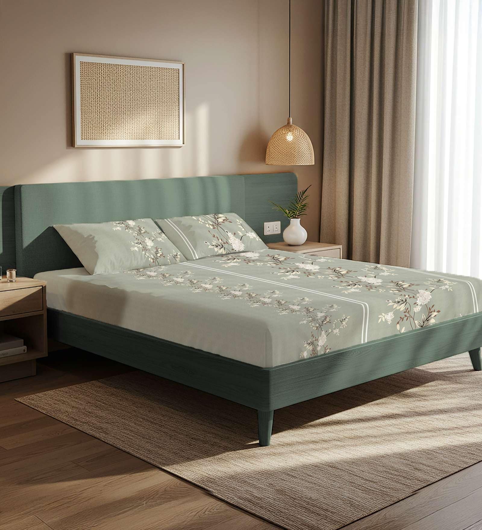 Green Floral 200 TC Microfiber King Sized Bedsheet with 2 Pillow Covers