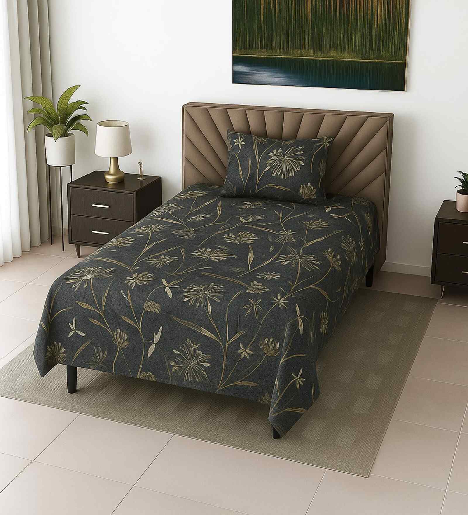 Green Floral 210 TC Mix Cotton Single Bed Size Bedsheet wih 1 Pillow cover Essential Series Collection
