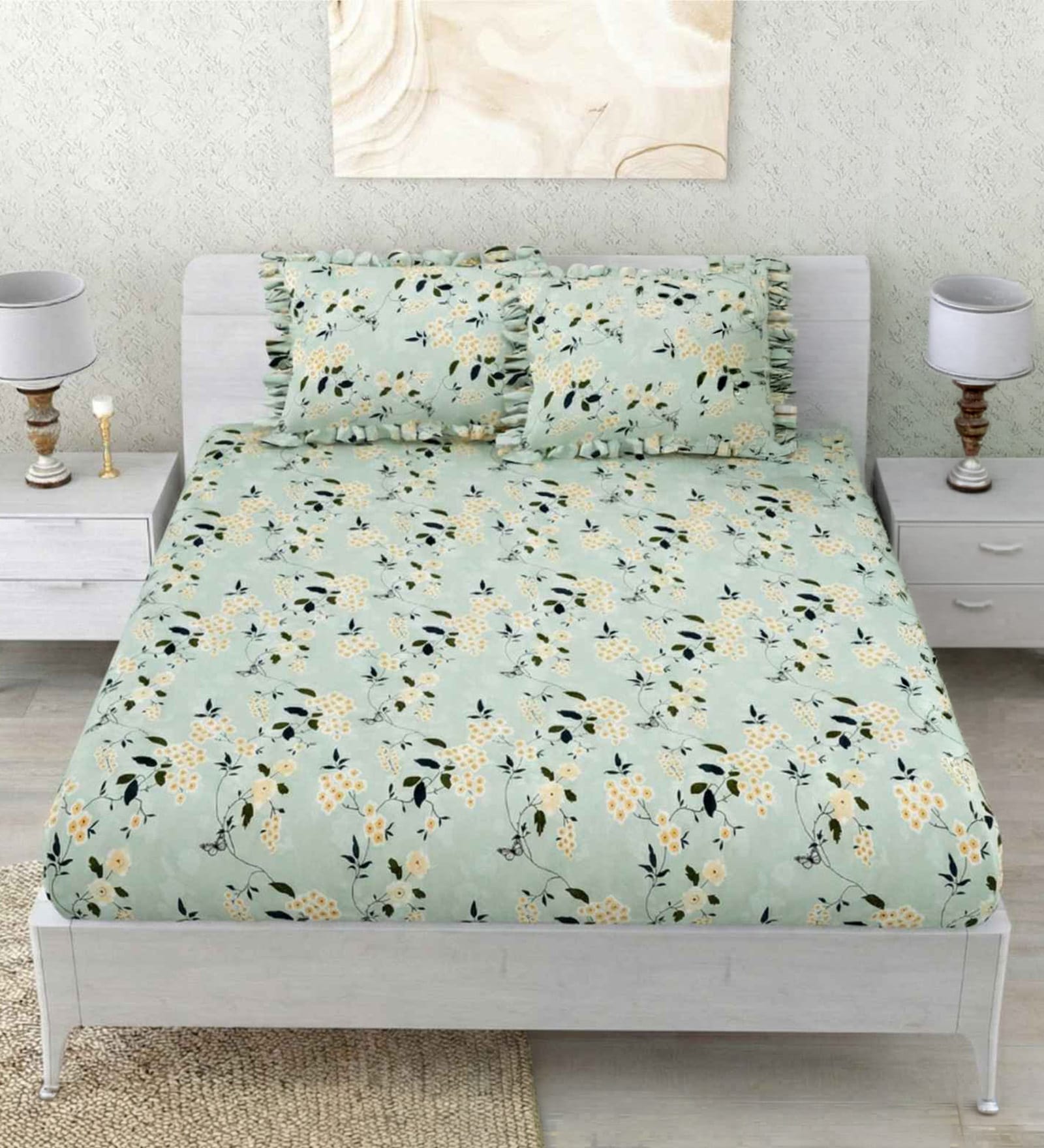 Green Floral 260 Tc Polycotton Double Fitted Bedsheet With 2 Pillow Covers