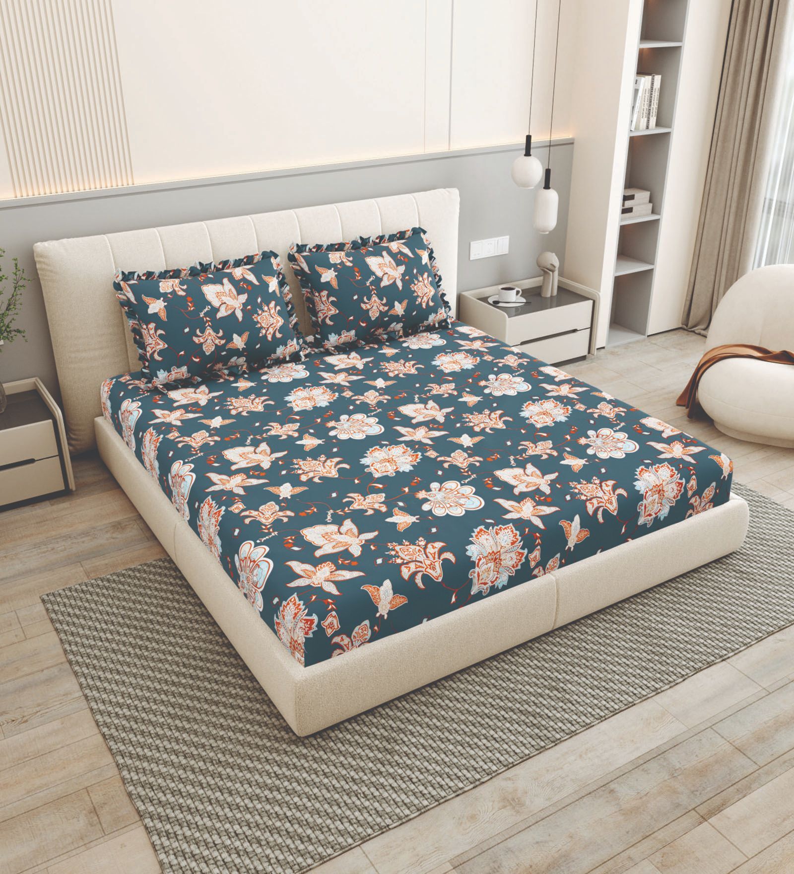 Teal Floral 260 Tc Polycotton King Fitted Bedsheet With 2 Pillow Covers