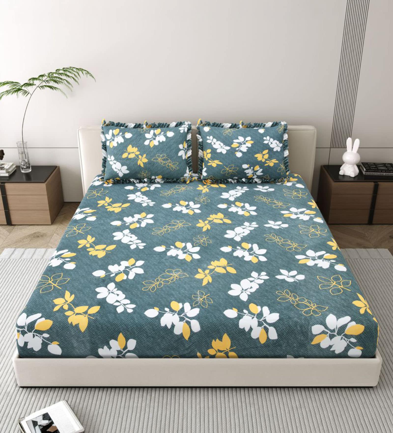 Green Floral 260 Tc Polycotton King Fitted Bedsheet With 2 Pillow Covers