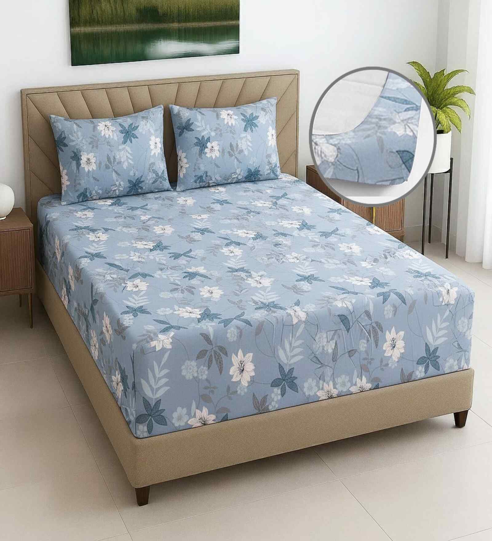 Green Floral 270 TC Polcotton Queen Sized  Fitted Double Bedsheet with 2 Pillow Covers Luxury Series Collection