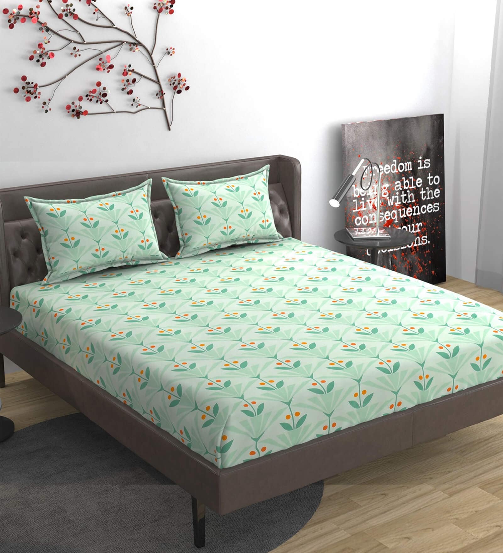 Green Floral 280 TC Microfibre Fitted King Bedsheet 2 Pillow Covers