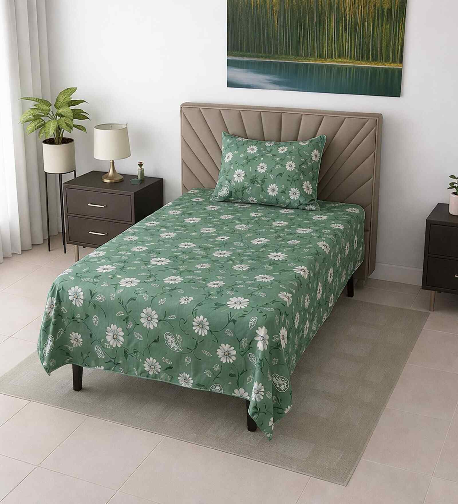 Green Floral 290 Tc Cotton Single Bedsheet With 1 Pillow Cover